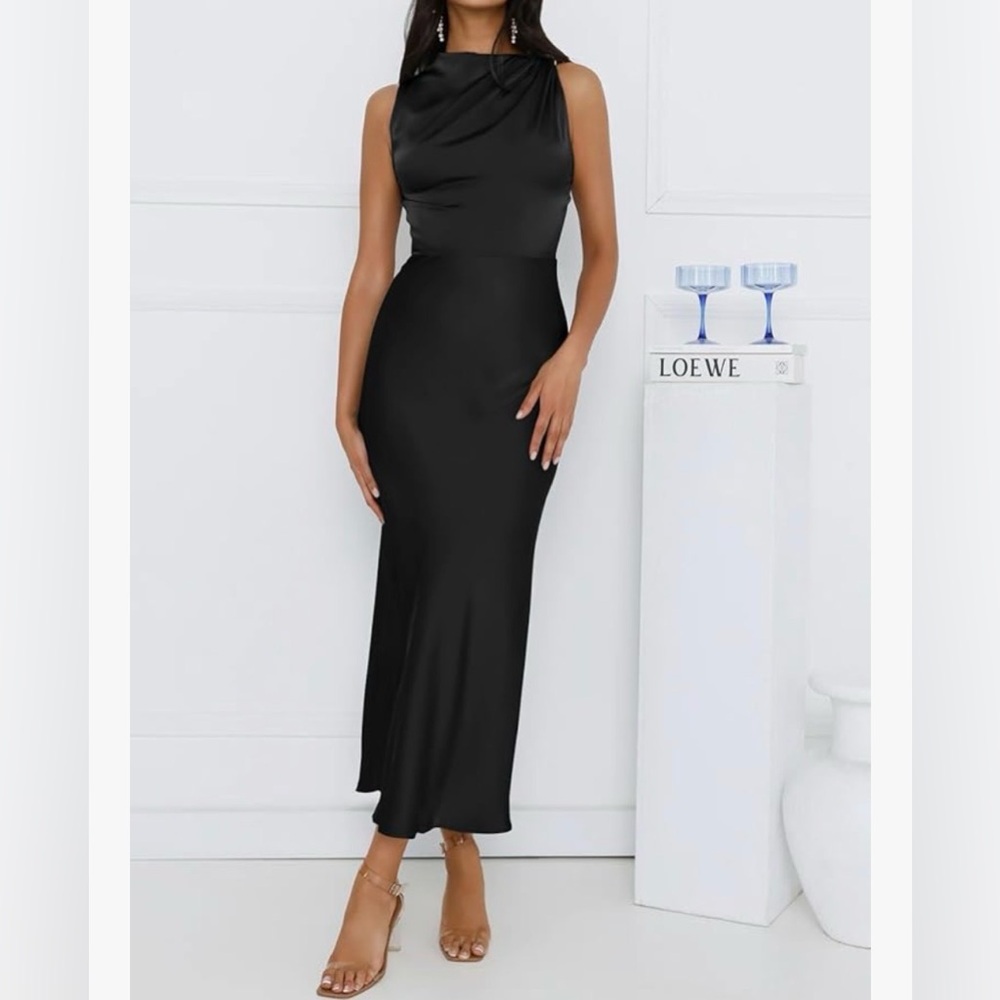 NWT Halfisland Women’s Black Satin Cowl Neck Midi Dress / Small